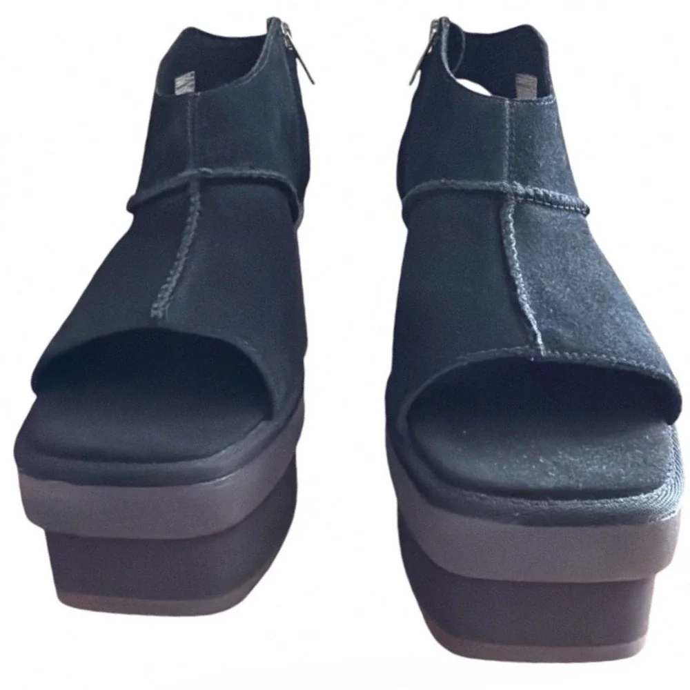 UGG Platform Sandals Womens Black Suede Chunky Block Heel Zip Up Open Toe 10 New - Picture 7 of 11